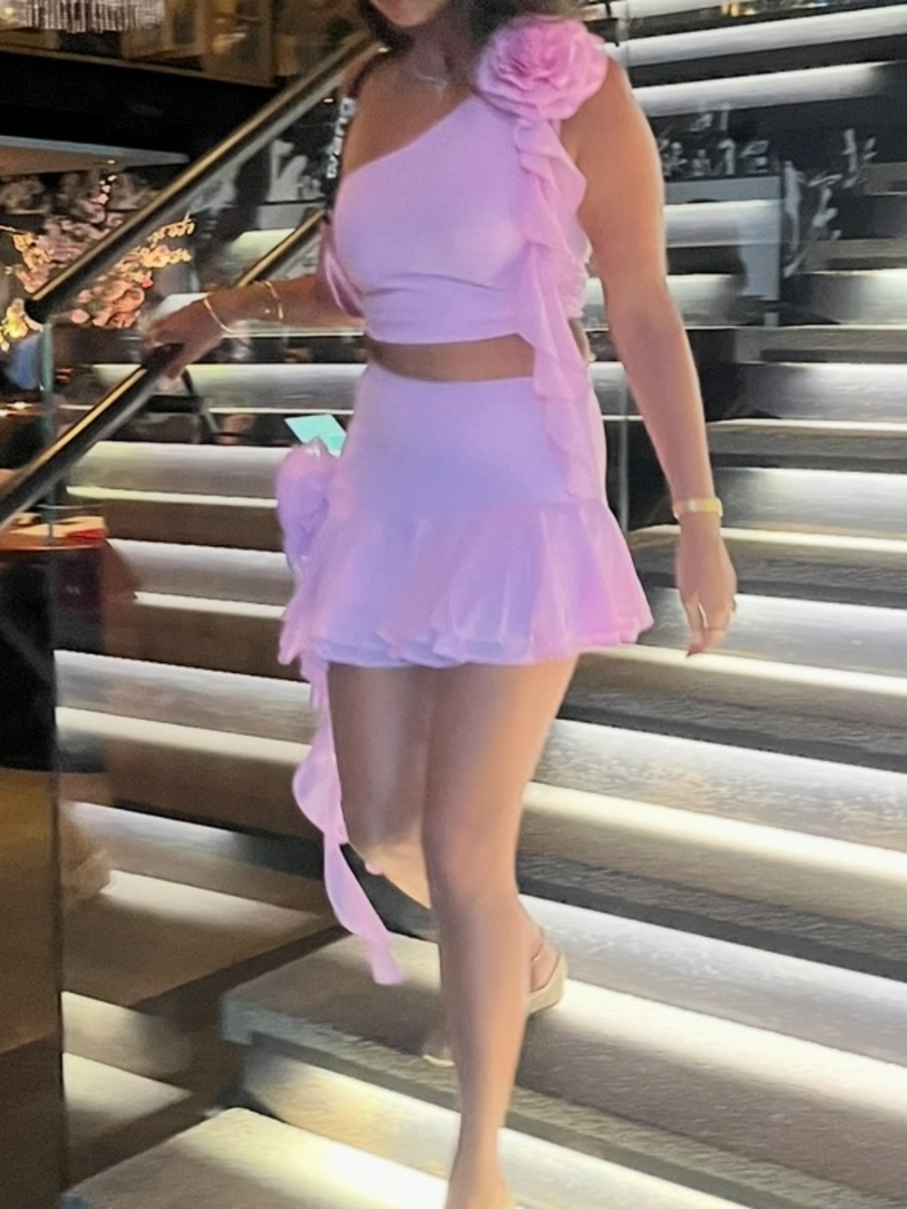 Pink One-Shoulder Ruffle Skirt Dress with Floral Accents